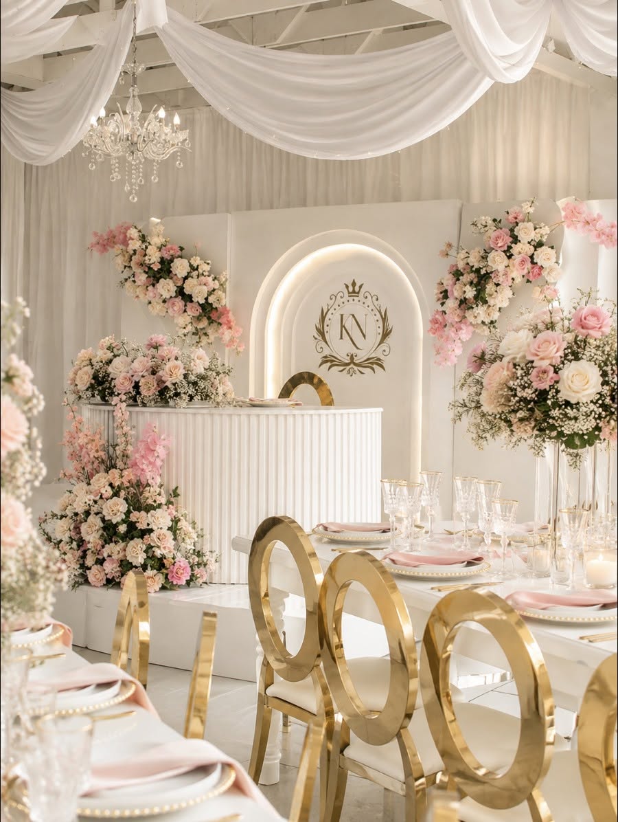 The Ballroom at Aurum Sky set with candles and a long table