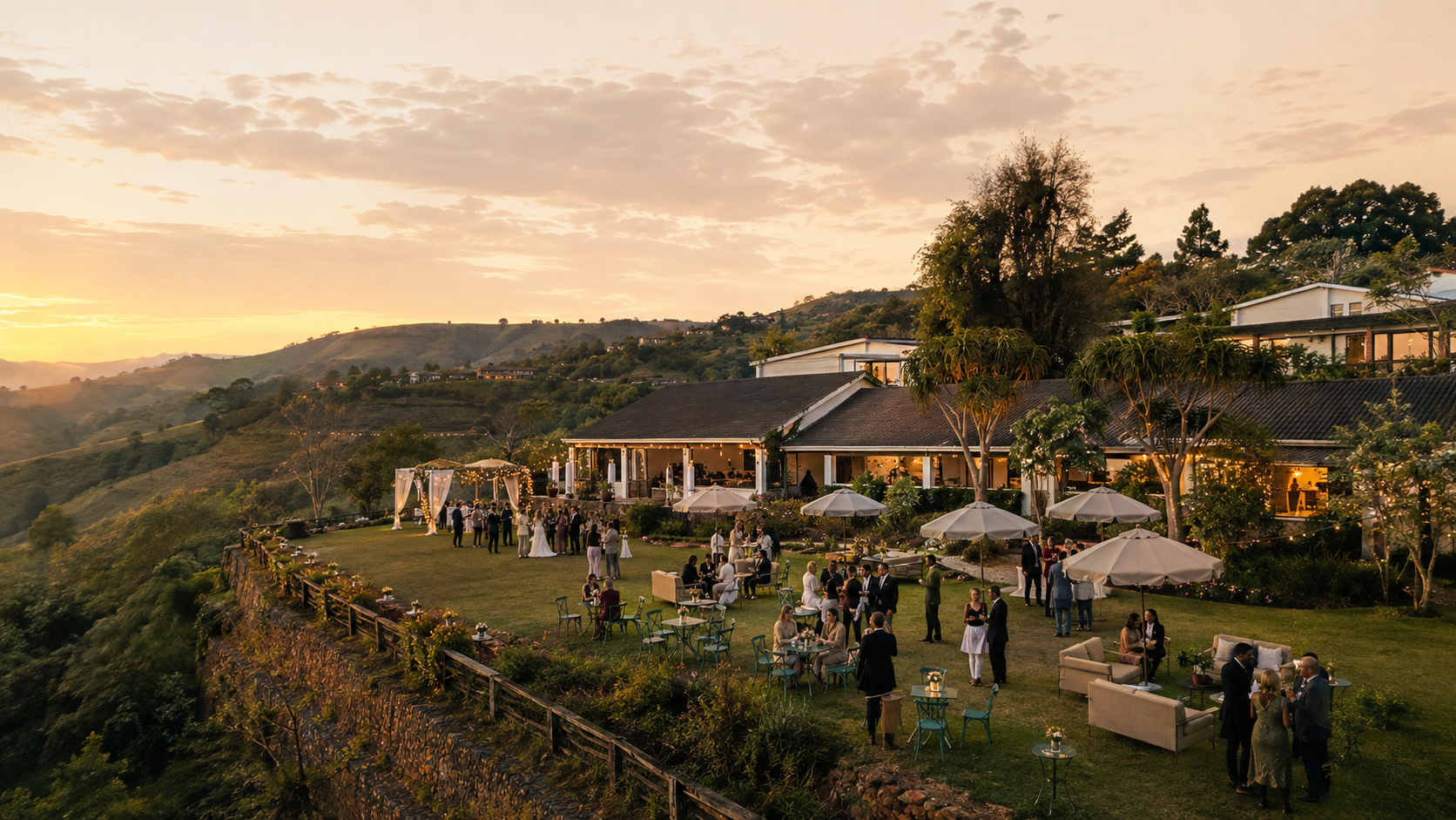 Golden hour over the Aurum Sky estate lawn above the Valley of a Thousand Hills, KwaZulu-Natal