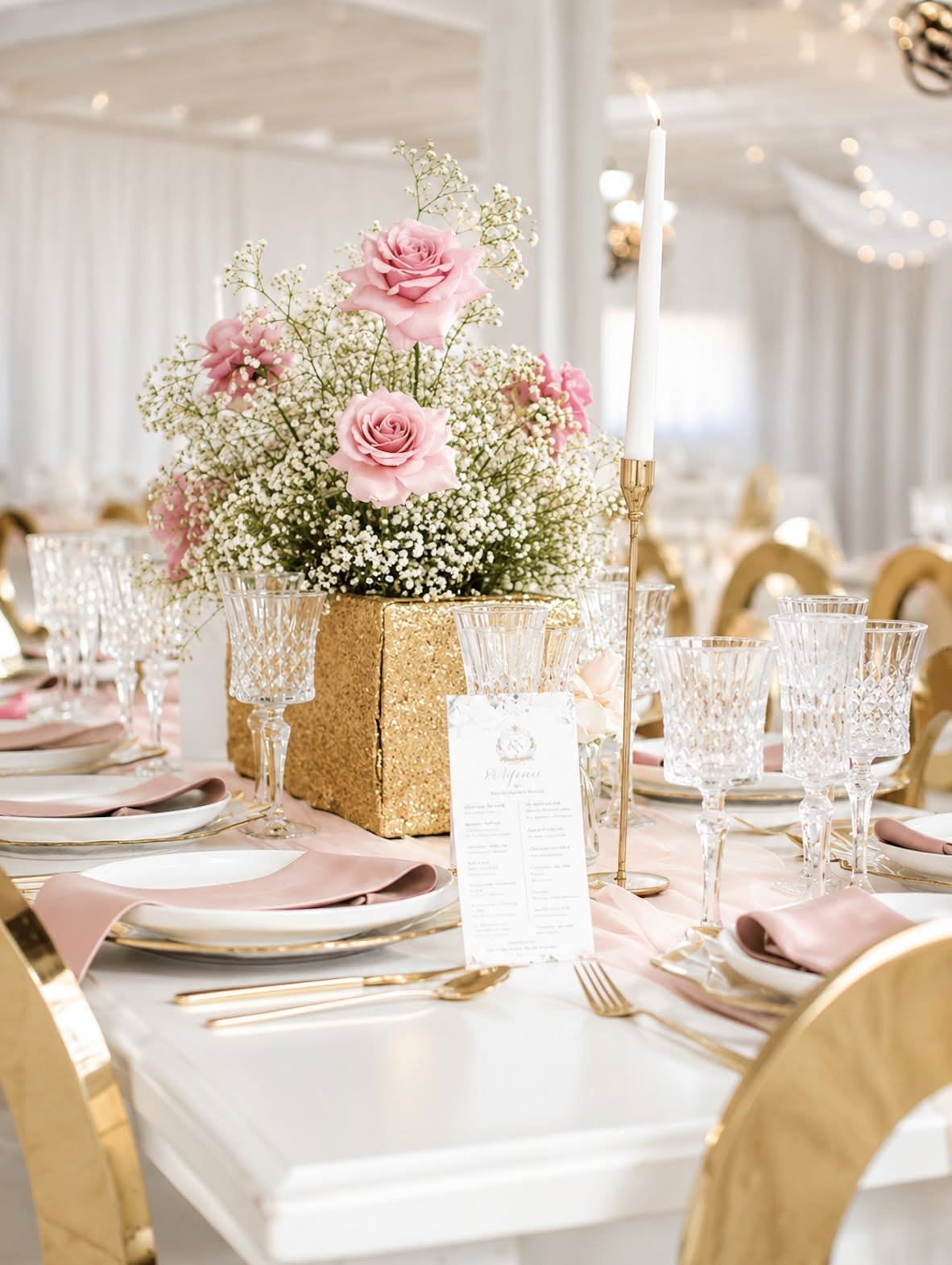 Close detail of a wedding place setting with florals and candlelight