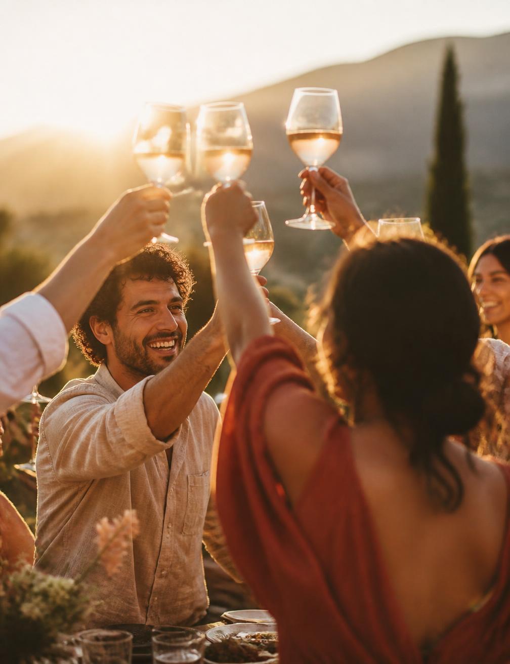 Guests raising glasses at golden hour